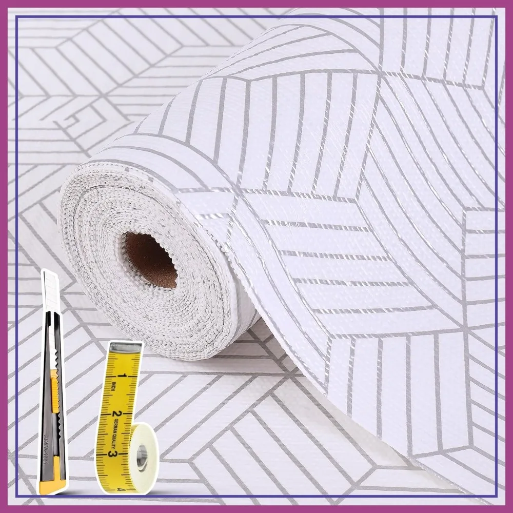 

Non-Slip Thickened Kitchen Cabinet Shelf Liner, Easy Clean, Silver Geometric 23.6x236.2in with Knife & Tape Measure