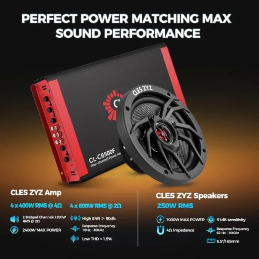 Car Speaker Amplifier Combo Kit: 4-Channel Amp + 6.5 Coaxial Speakers Pair,Polypropylene Cones, Black, Complete Wiring Kit, Eas