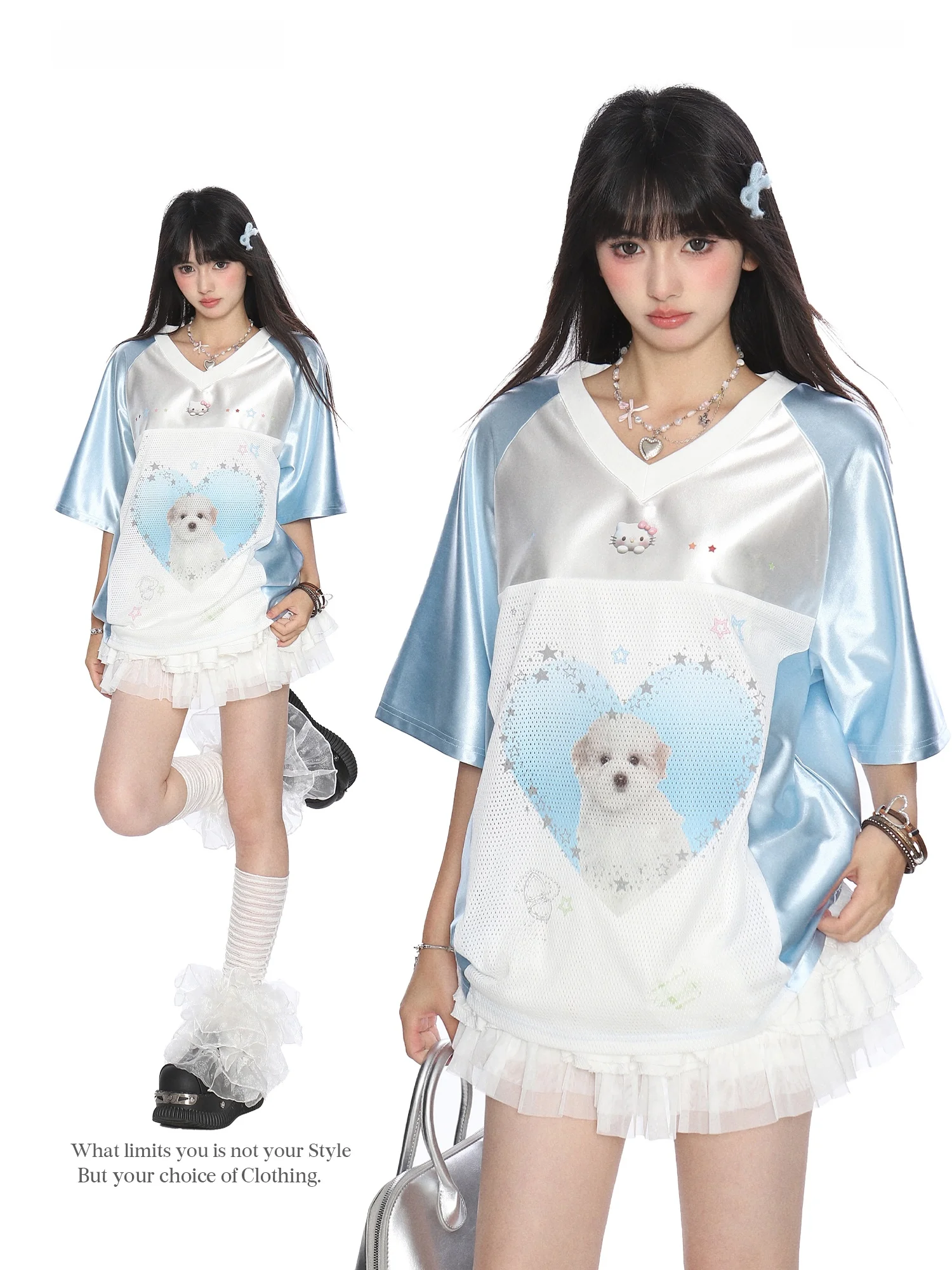 

Летний дизайнерский комплект: женская футболка свободного кроя из джерси с эффектом сатина, с V-образным вырезом, для спорта и повседневной носки