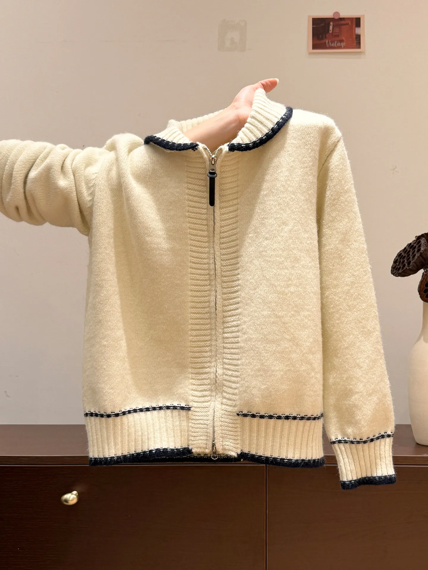 

Retro Korean College Sle Zipper Collar Color Blo Women's Sweater Spring Autumn Loose Casual Versatile Knitted irt