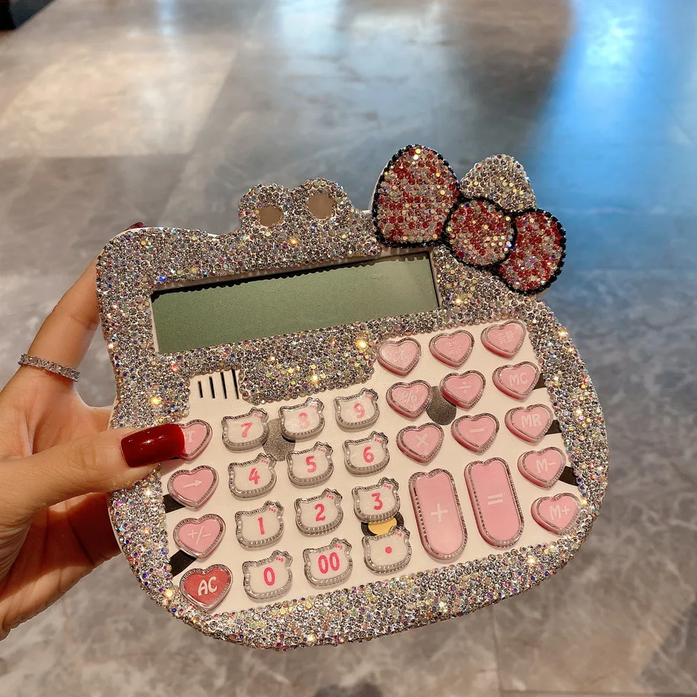 Kawaii Cartoon Cute Calculator Rhinestone KT Cat Real Voice Learning Big Button Screen Display 12 Digits Office Supplies