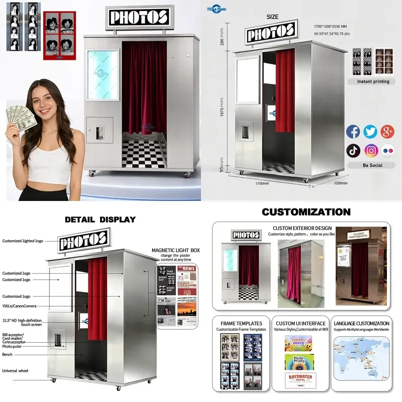 for Popular Photo Booths Closed Retro Selfie Booth with Instant Printing Function Suitable for Shopping Mall Activities