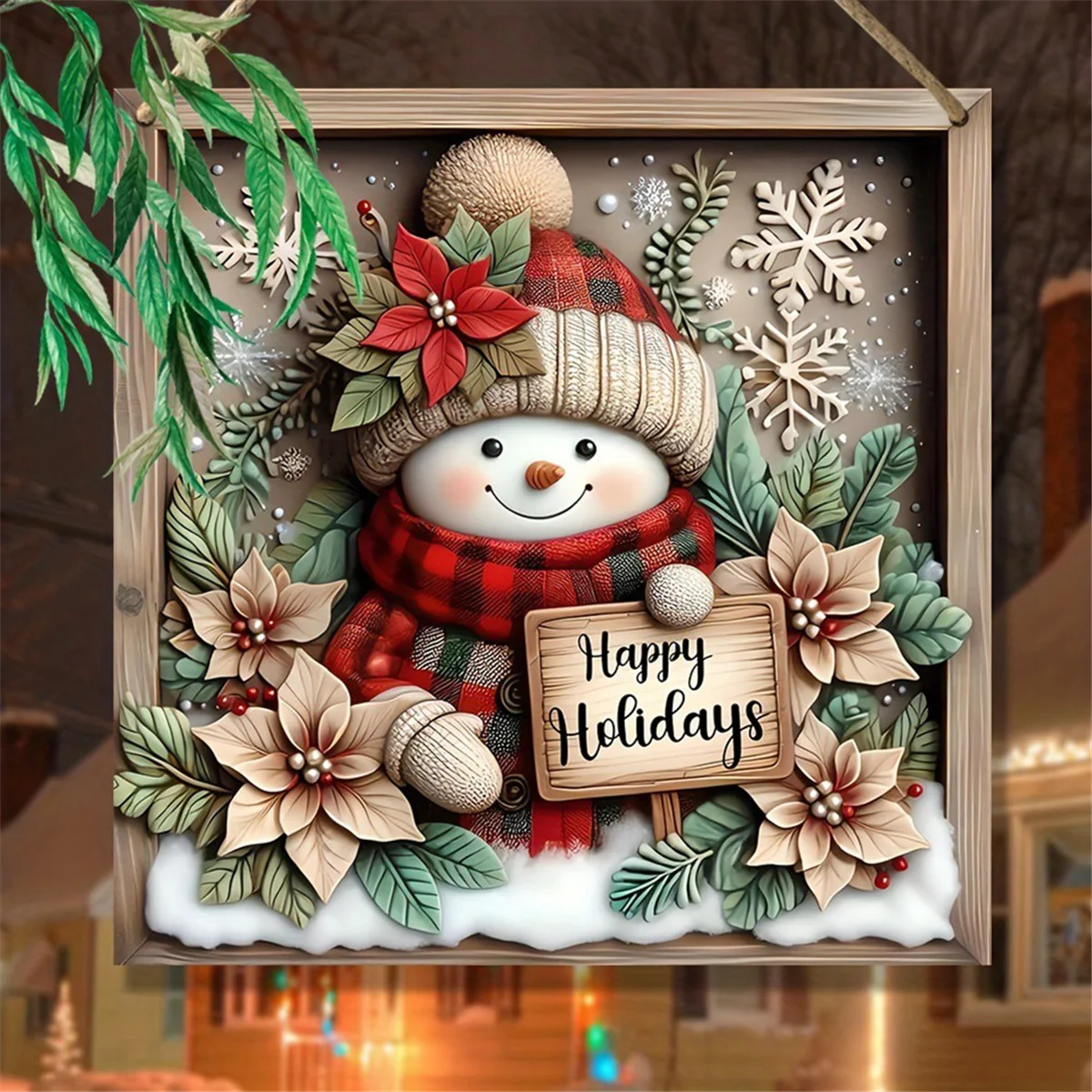 A71P 2D شقة الخشب نحت الثلج المشهد خشبية القنب حبل قلادة الديكور عيد الميلاد مهرجان الديكور