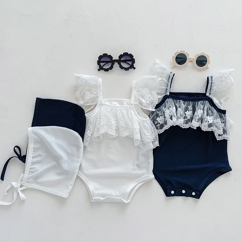 Summer Children Beach Wear Flying Sleeve Lace Stitching Beachwear One Piece Infant Baby Girls Swimsuit+Hat