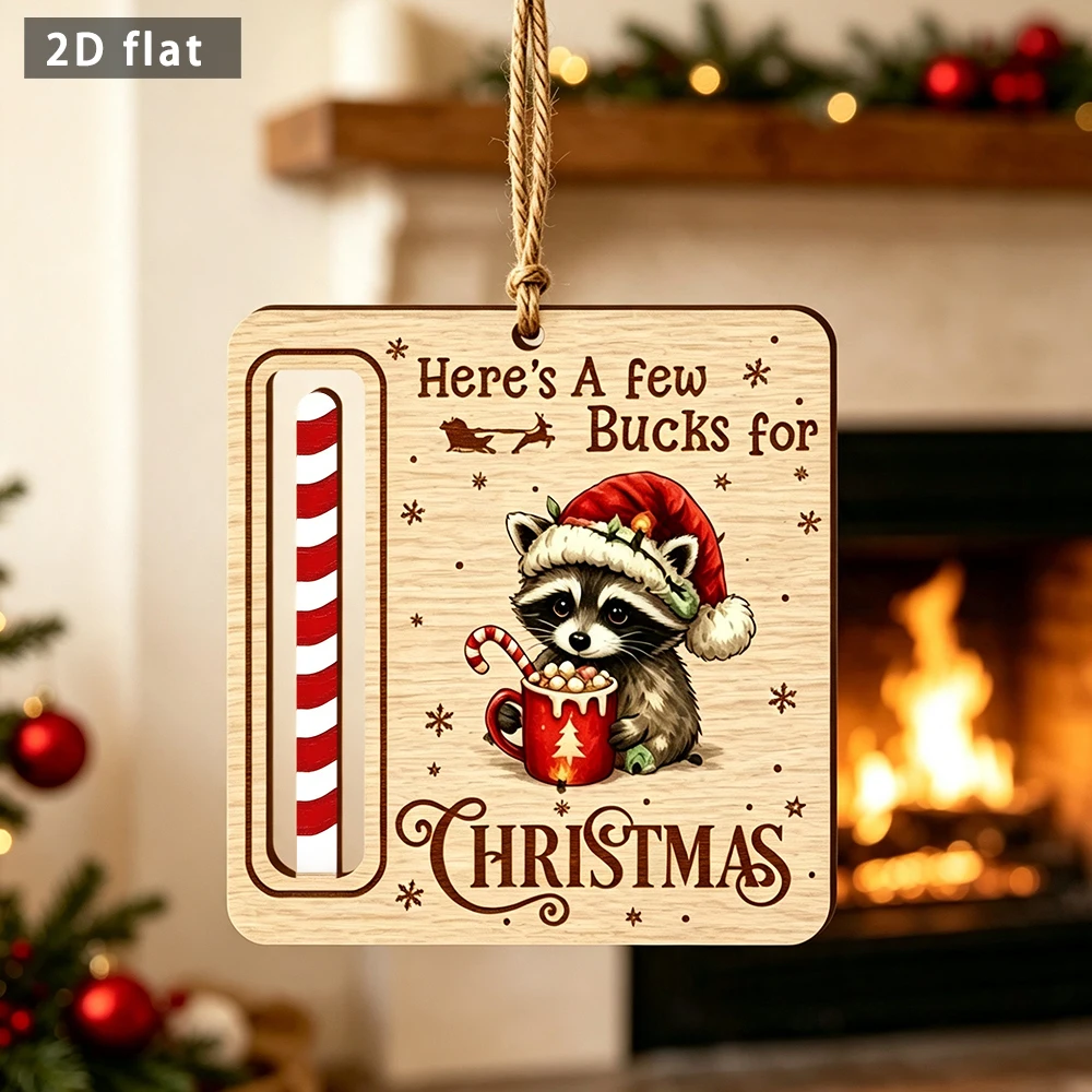 Christmas Raccoon Wooden Money Holder Ornament 2D Flat Hanging Tag Xmas Tree Decor Gift