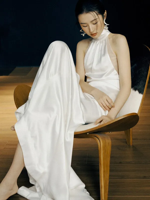 

Свадебное платье-чокер Neline белое, корейский стиль, приталенное, с небольшим шлейфом, модное, из атласной ткани, со средней талией, на молнии