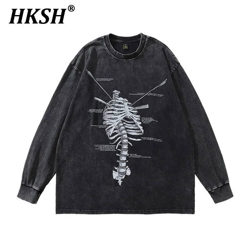 

HKSH Spring Autumn New Men's Tide Punk Cotton Long Sleeve T-shirt High Street Print Retro Hip-hop Chic O-Neck Women Tees HK2410