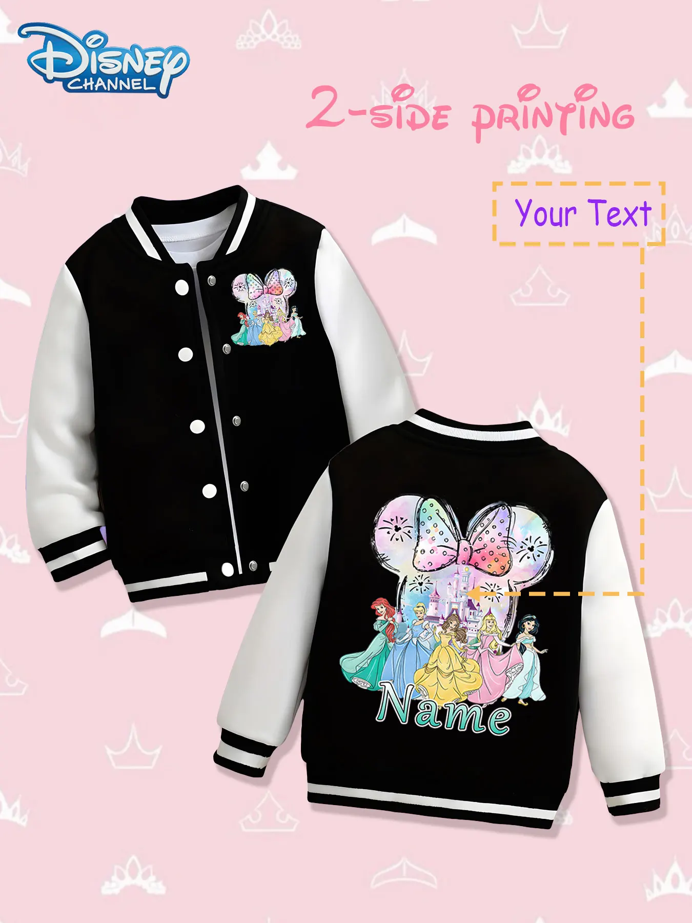 

MINISO Disney Princess Minnie Bow Girls Baseball Jacket - Double-sided creative printing, warm and fashionable in autumn and win