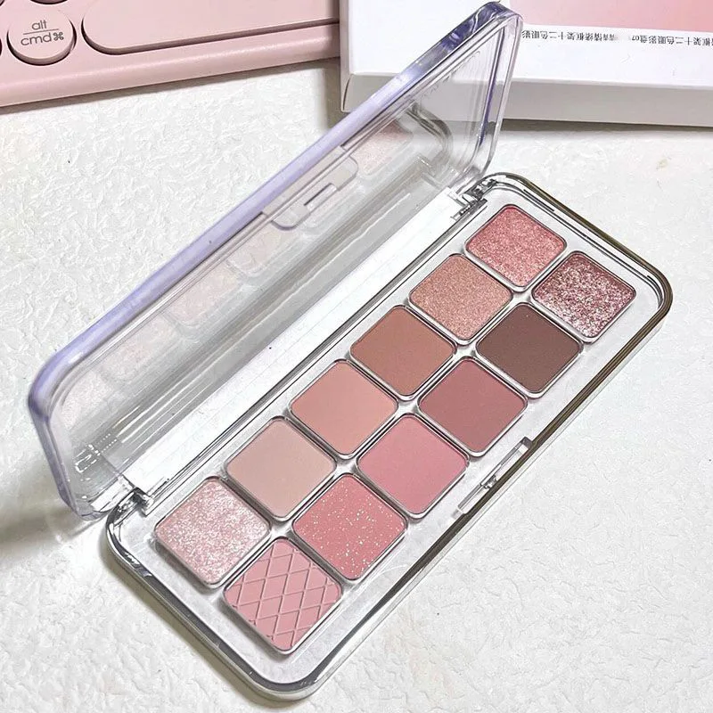 12 Color Korean Eyeshadow Palette Low Saturation Pink Brown Matte & Sparkle Glitter, Natural Nude Daily Makeup Clear Rose Eyesha