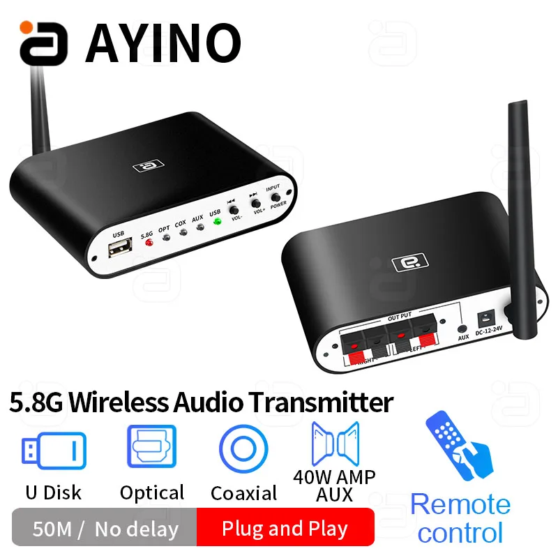 5.8G Wireless Audio Receiver Transmitter 5.1CH Surround Ｗiring  50M Optical Coaxial L&R Udisk DAC Decoder Stereo 40W Power Amp