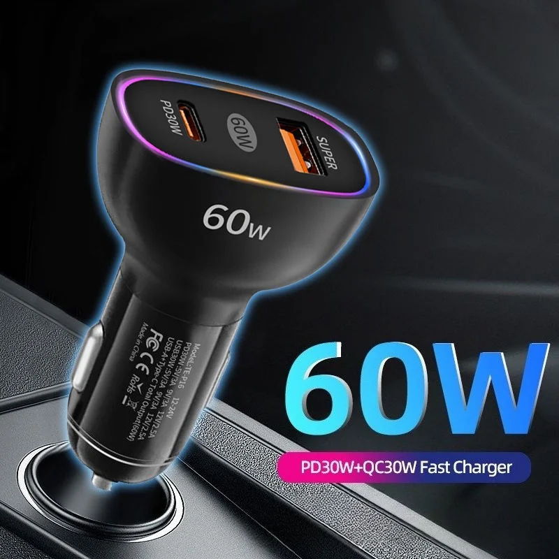 

60W Fast Charging Car Charger Dual Port USB Type-C PD30W QC3.0 Power Adapter 12-30V Car Charger Suitable For Phones Headphones