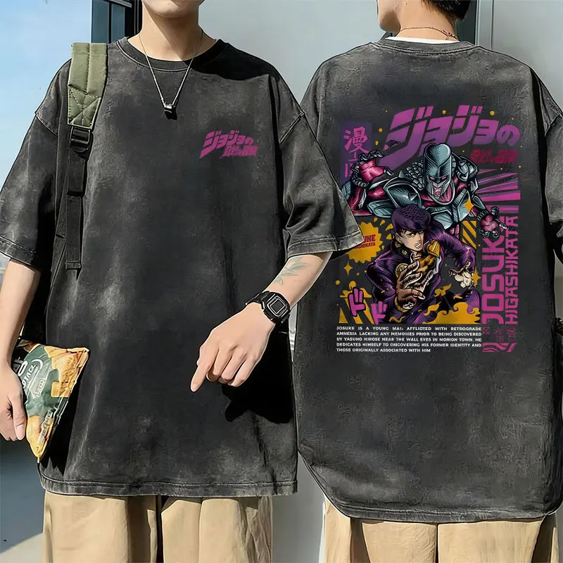Washed Vintage Anime JoJo Bizarre Adventure Higashikata Josuke Graphic T-shirt Men Women Manga Casual Cotton T Shirts Streetwear