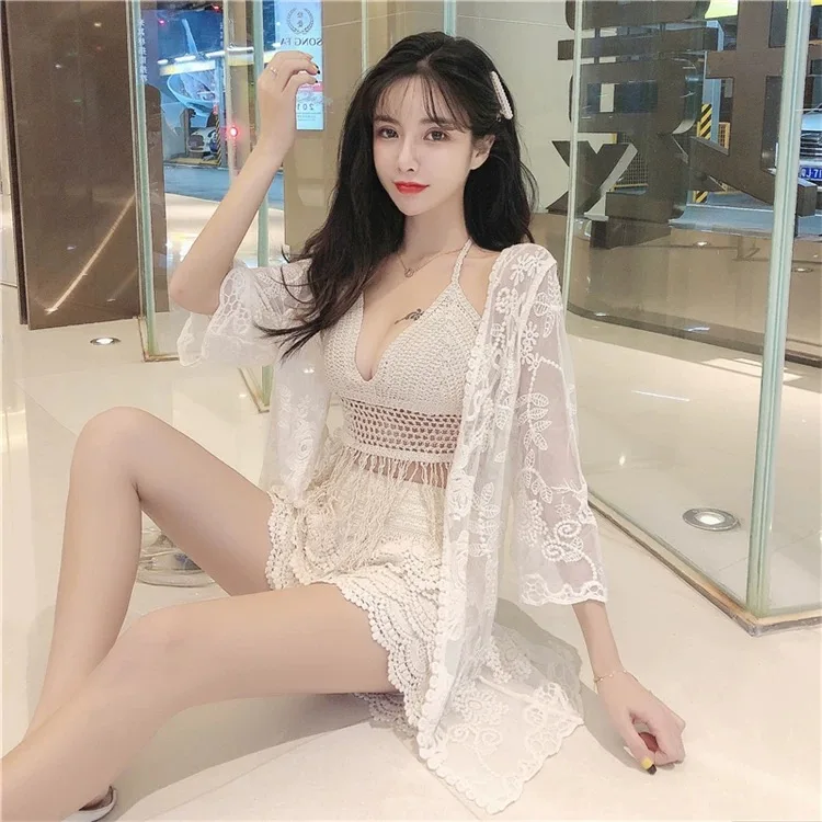 Trendy Lace Crochet Women 3 Pieces Sets Top Bra Shorts Cover Set Lady Bikini Beach Vacation Hollow Out Charming Korean Style Set