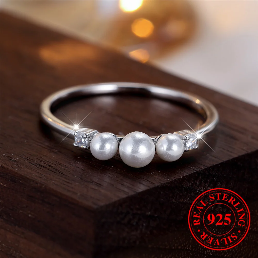 Female Real 925 Sterling Silver Round Pearl Engagement Ring Vintage Wedding Jewelry For Women