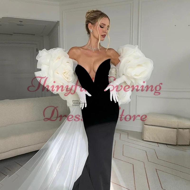 Thinyfull Black Mermaid Prom Evening Dresses Sweetheart 3D Flower Satin Party Dress Formal Night Cocktail Prom Gowns Customized