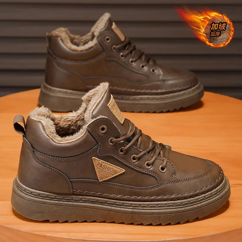 Velvet men's shoes 2025 new autumn and winter high top board shoes men's leather surface warm and thick cotton shoes
