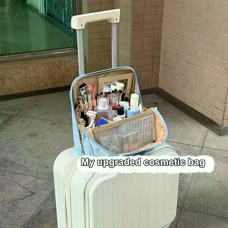 Portable Standing Makeup Bag Large Capacity Travel Handbag Women's Organizer Simple Pen Bag Business Style PU Material