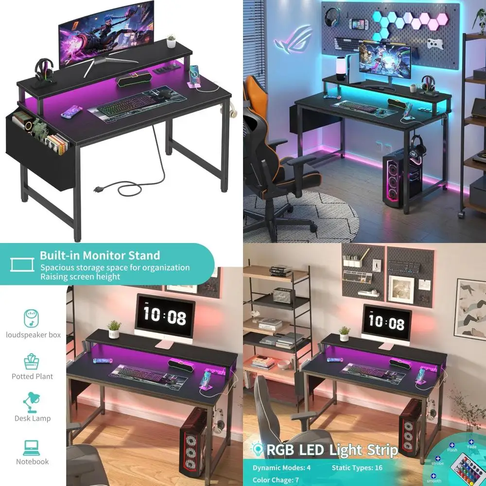 مكتب Lufeiya صغير مع منافذ طاقة وأضواء LED، طاولة دراسة للكتابة في سن المراهقة مقاس 32 بوصة، مكاتب كمبيوتر مكتبية منزلية مع شاشة S