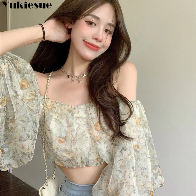 Summer Slash Neck Casual Butterfly-sleeve Party Tops Crop Floral New Blouse Women Sexy Sweet Trendy Feminine Maiden Off Shoulder