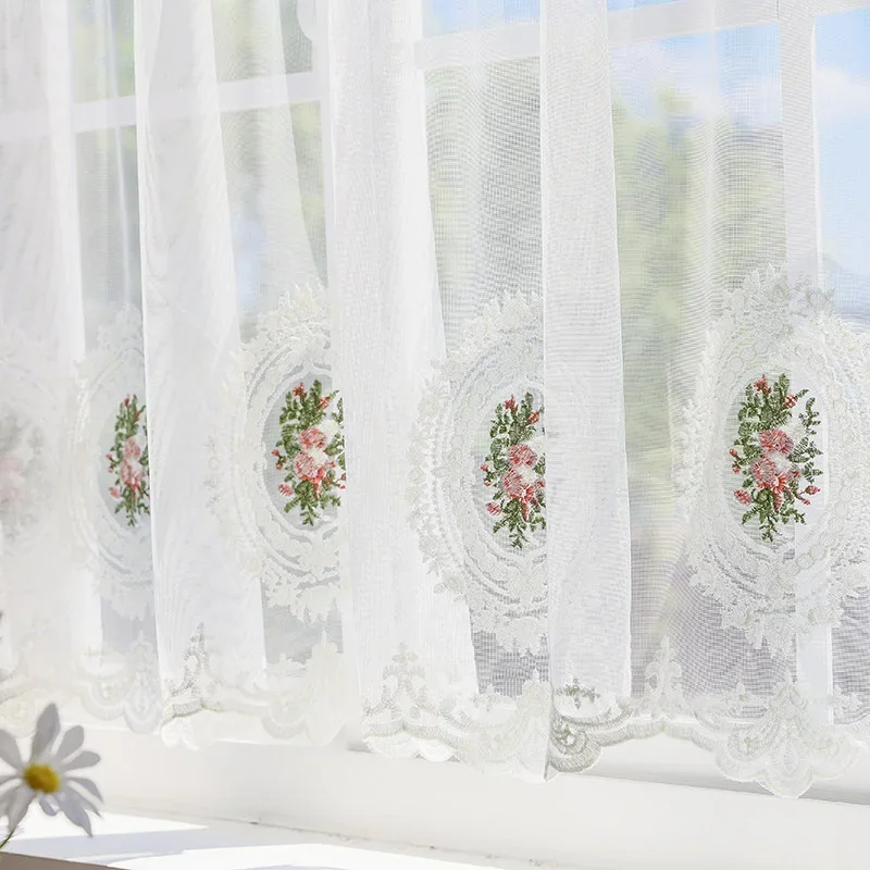 New Pastoral Style Rose Pattern Bow Curtain Lace Fabric Kitchen Door Curtains Cafe Living Room Window Kitchen Home Decoration