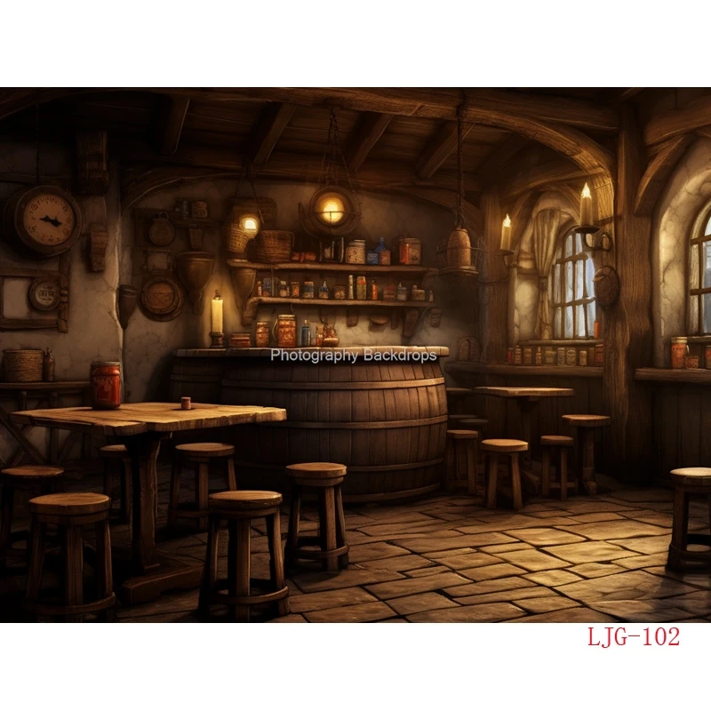 Vintage Old Tavern Barista Coffee Shop Bar Photography Backdrop Warm Medieval Inn Fantasy Retro Photo Studio Background LJG-01