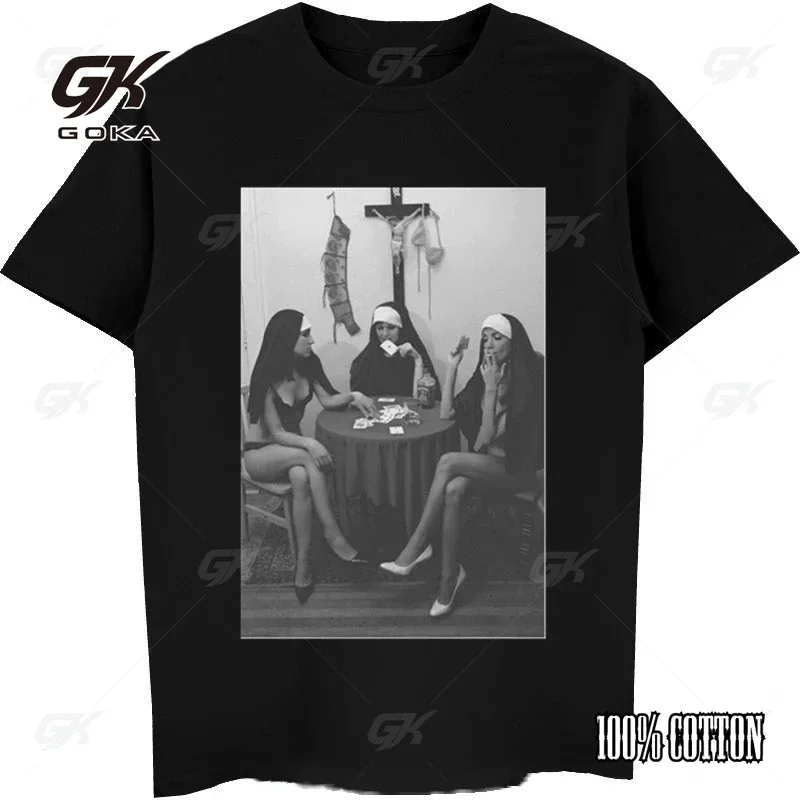 

Sexy Nun Graphic T Shirts Man Tees Fashion Trend Tshirt Casual Street Nude Print Women Oversized Exciting Men Clothing
