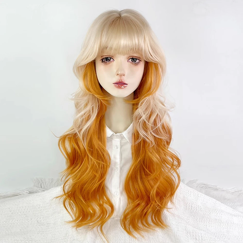 

Synthetic Long Wavy Fluffy Wigs with Bangs Blonde Ombre Orange Women Wig Heat Resistant for Daily Party Lolita Cosplay
