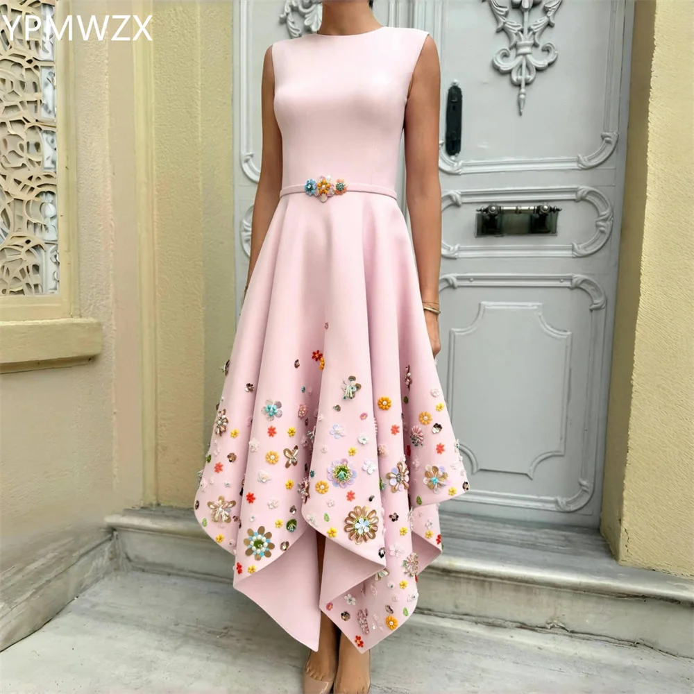 Customized YPMWZX Scoop Neckline A-line Floor length Skirts Draped Sleeveless Applique 3D Flower Bespoke Occasion Dresses