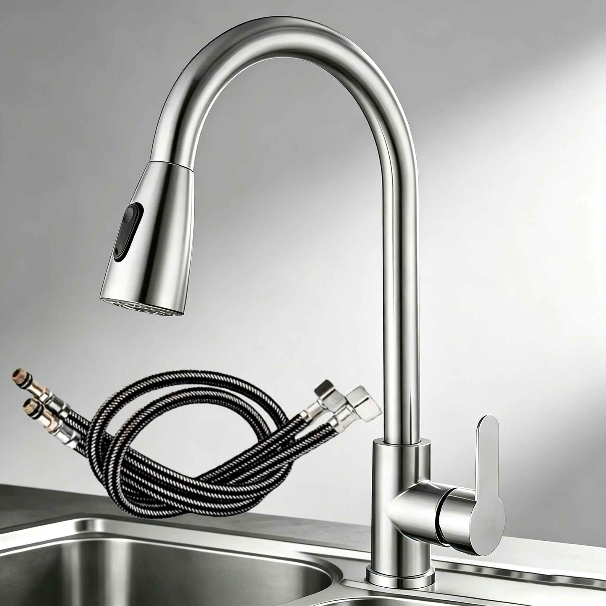1PC Pull-Down Kitchen Sink Faucet High Arc Hot Cold Tap with 2 Water Hoses Modern Pull Out Sprayer Faucet for Home Kitchen