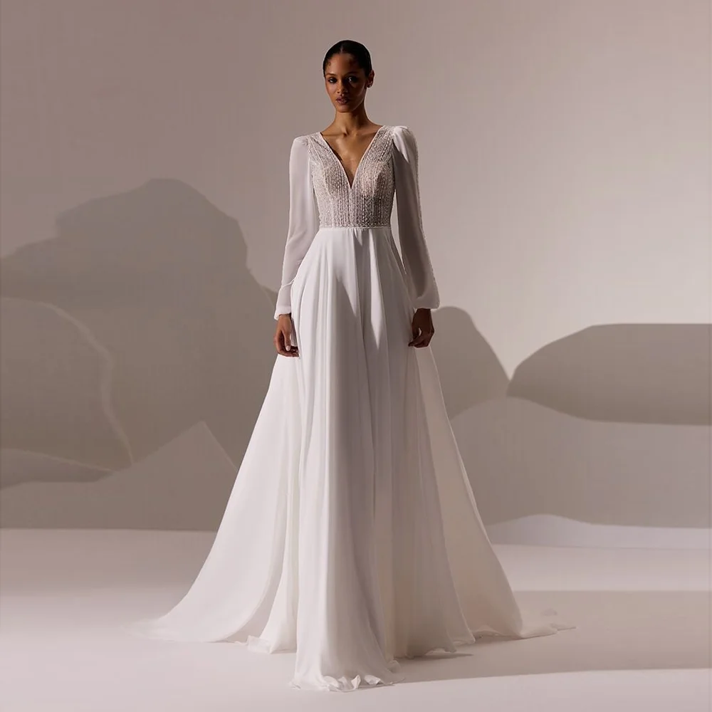 

Customized Boho V-neck Chiffon Bridal Wedding Dress Lace Sweep Court Button Long Illusion Sleeve Wedding Gown свадебное платье