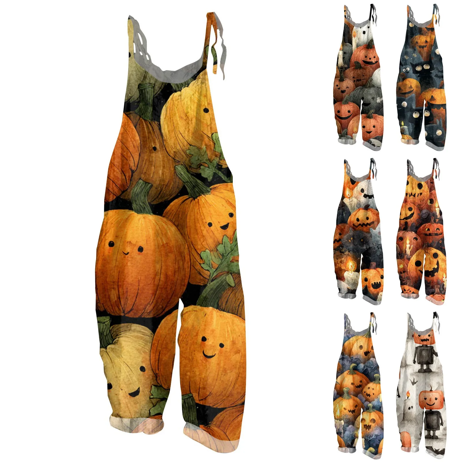 بذلة نسائية للهالوين ملابس مطبوعة برسوم كارتونية كبيرة على شكل رأس اليقطين كاجوال فضفاضة من القطن والكتان مع جيوب