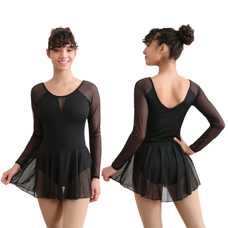 Frauen Langarm Ballett Tanz Trikot Erwachsene Tanz Rock Mesh Splice Ballett Body Volle Vorne Futter ﻿