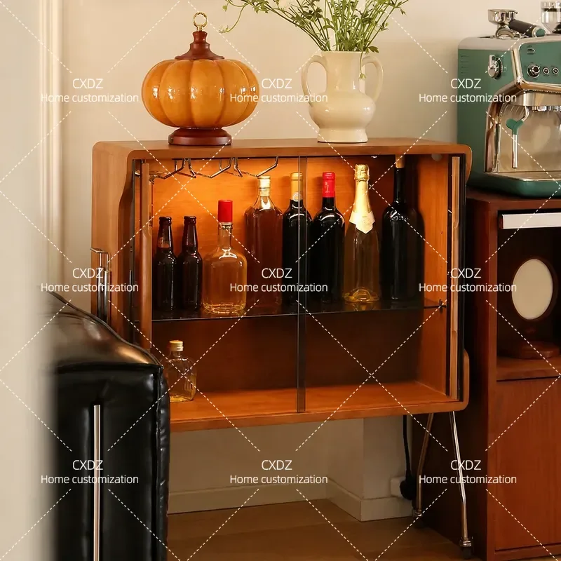 Mobile Glass Wine Cabinet Against Wall Sofa Luxury Living Room Display Storage Side Wine Cabinet
