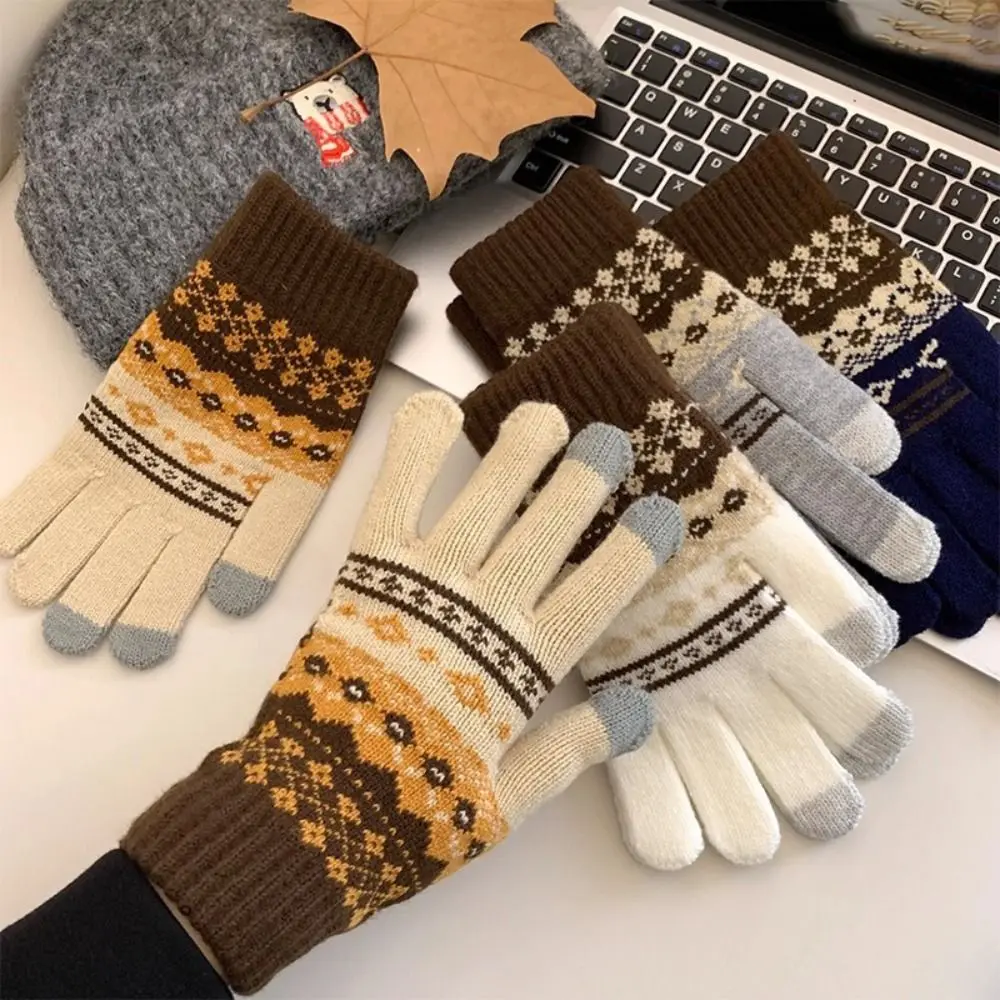 

Лыжные зимние вязаные перчатки в стиле Fair Island, красные толстые шерстяные перчатки с принтом, ветрозащитные женские велосипедные варежки с сенсорным экраном для девочек
