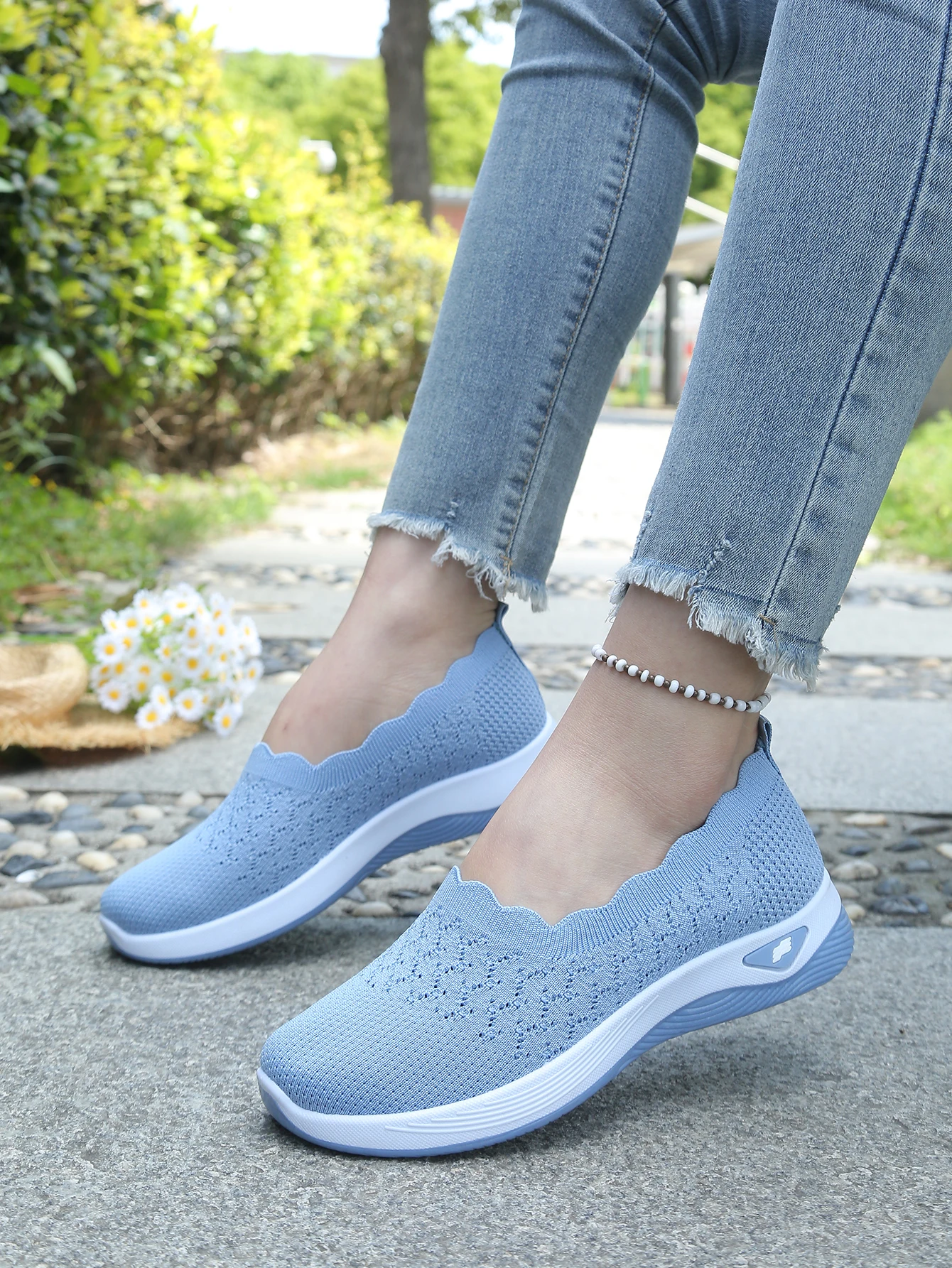 Damen-Slip-On-Freizeitsneaker aus Strick, atmungsaktive, leichte Komfort-Wanderschuhe mit Muschelbesatz, kostenloser Versand – Detail 6