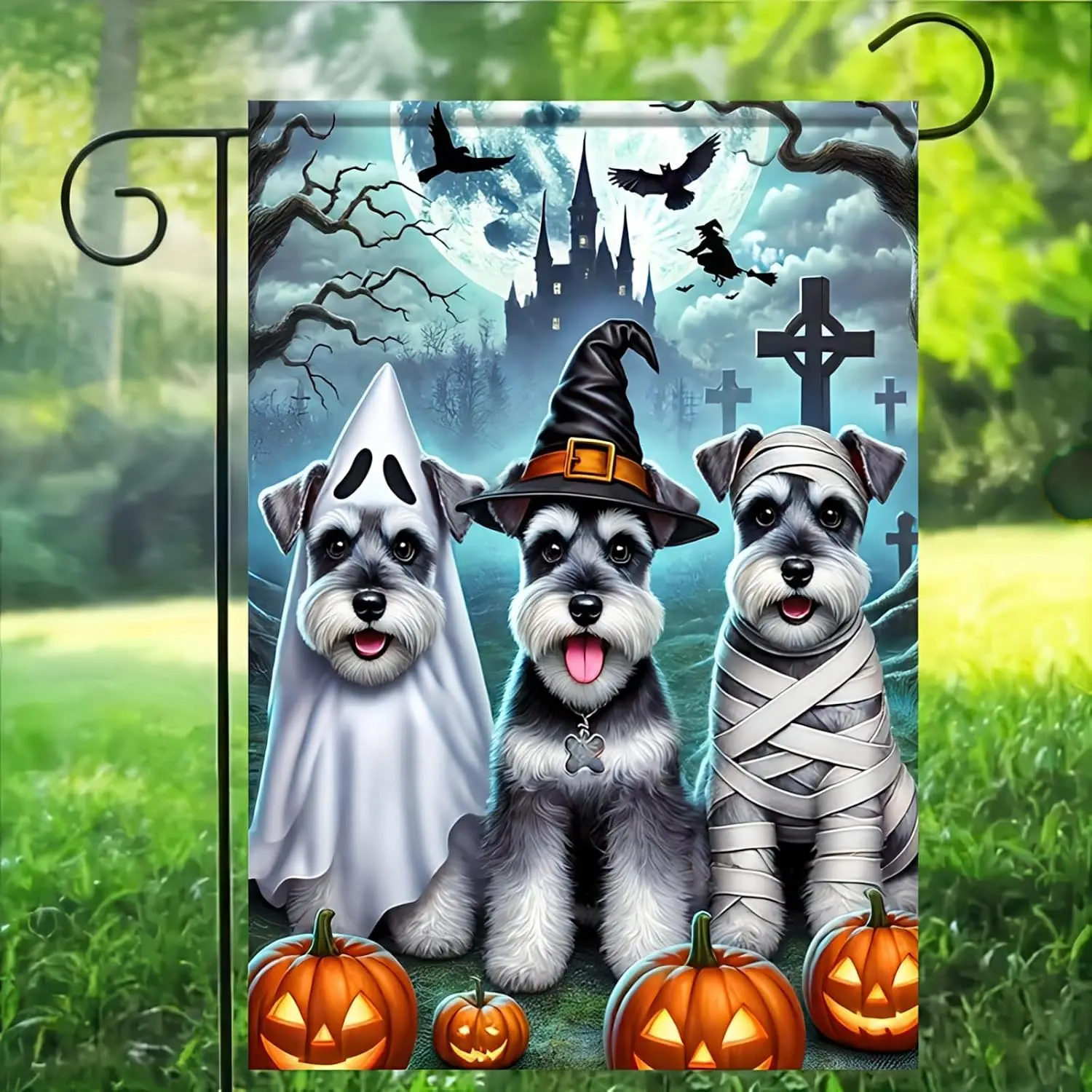 BlissYard Halloween Garden Flag Costume Schnauzers 12 x 18 Inch | Double-Sided Schnauzer Costume Design, Ghost Witch Pumpkin uui
