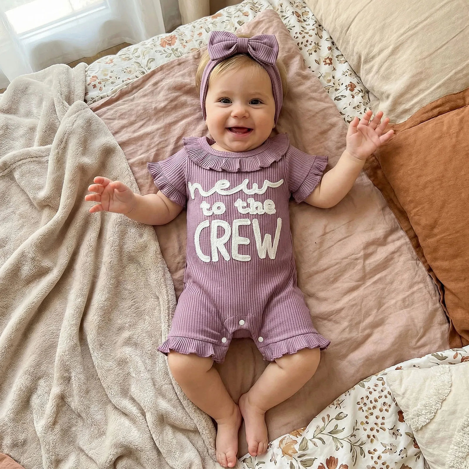 Newborn Girls Summer Romper with Matching Bow Headband Letter Embroidery Short Sleeve Ruffled Round Neck Ribbed Bodysuit