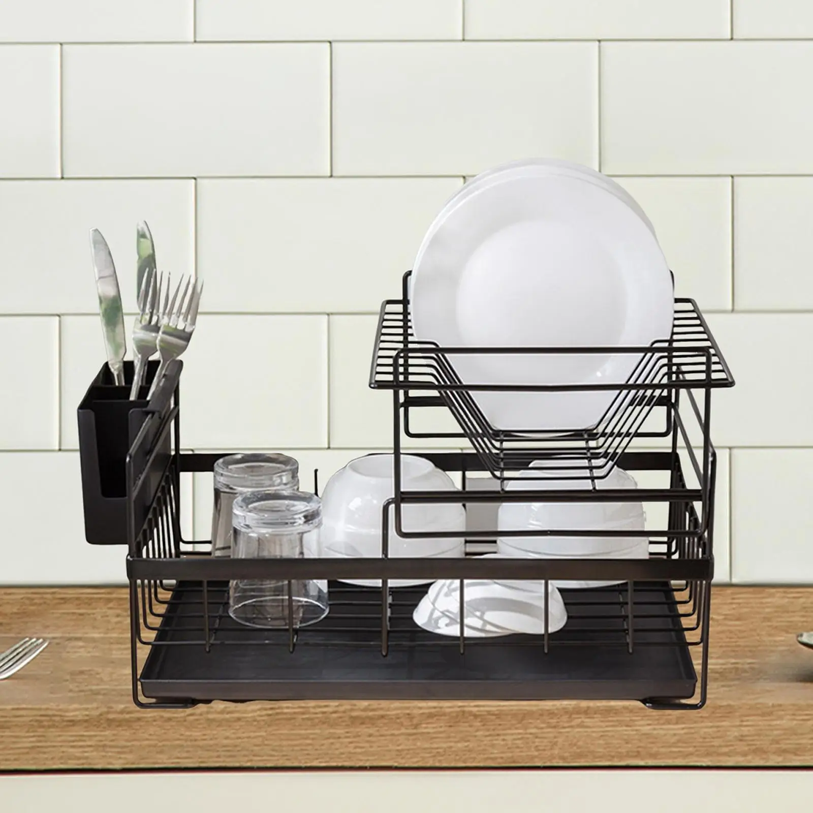

2 Tiers Dish Drying Rack Kitchen Counter Sink Shelf Dish Drainer Organizer with Drainboard for Restaurant Home Bars Hotel Buffet
