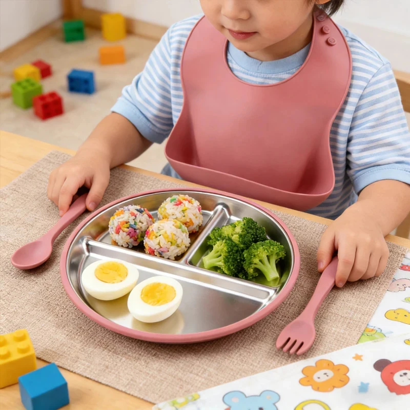 

YLS 4pcs Baby Silicone Feeding Set Stainless Steel Plates With Suction Cup Waterproof Bib With Fork Spoon Infant Tableware Set