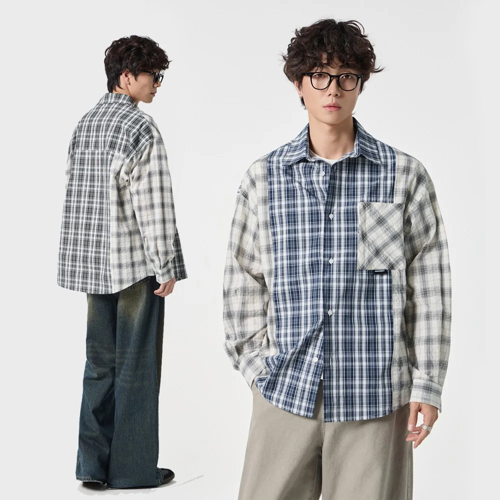 Cityboy Oversize Plus Size Wide Fat Splice Plaid Shirt Men Streetwear Fashion Vintage Loose Casual Long Sleeve Shirts Tops