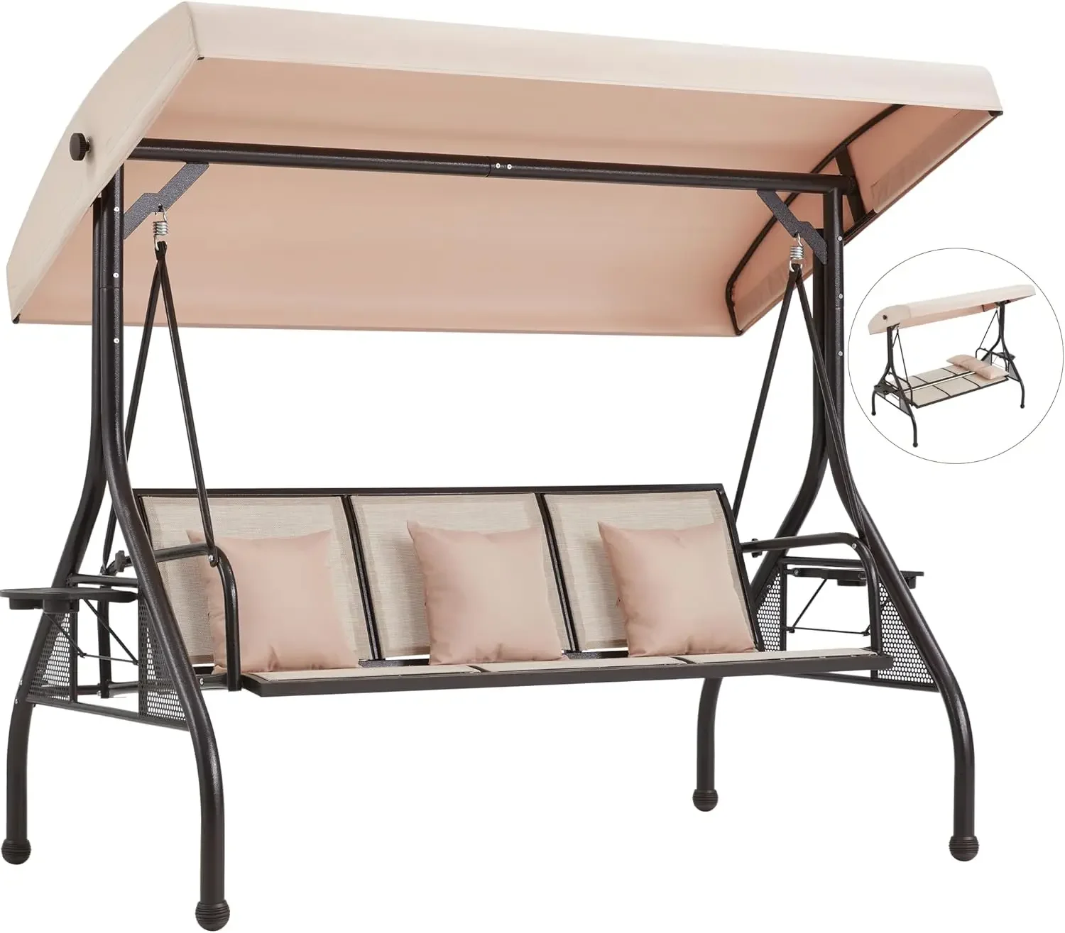 Outdoor Porch Swing with Adjustable Canopy, Backrest, 3-Person Patio Canopy Swing Textilene Bed with Side Cup Holder