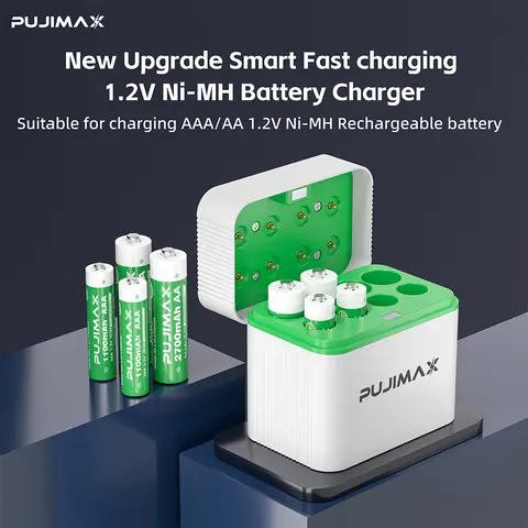PUJIMAX 1.2V AA + AAA Ni-MH/Ni-Cd 8 Slots Combo Charging Compartment Smart Flip Top Charger Can Charge 4pcs AA+4pcs AA Batteries