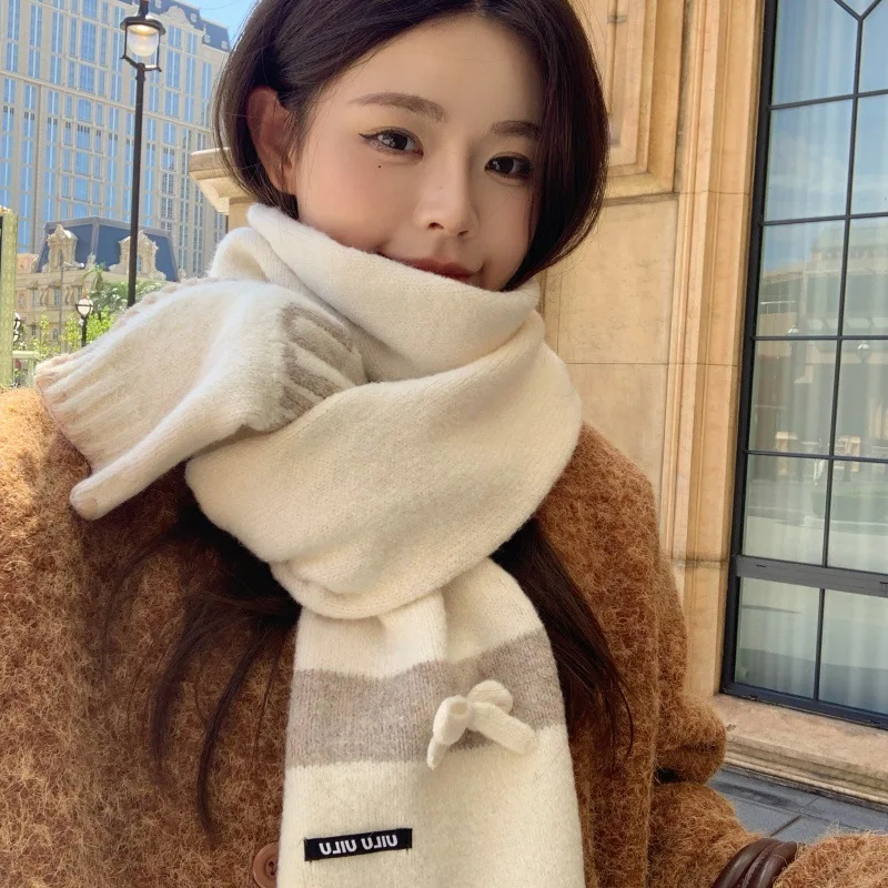 2025 New Fashion Bow Trim Contrast Color Knitted Scarf Women Versatile Shawl Warm Student Neck Wrap Trendy