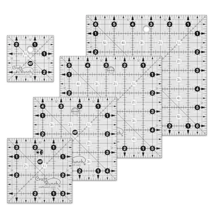 

Набор из 5 нескользящих квадратных линеек-шаблонов для квилтинга - 2.5", 3.5", 4.5", 5.5", 6.5"