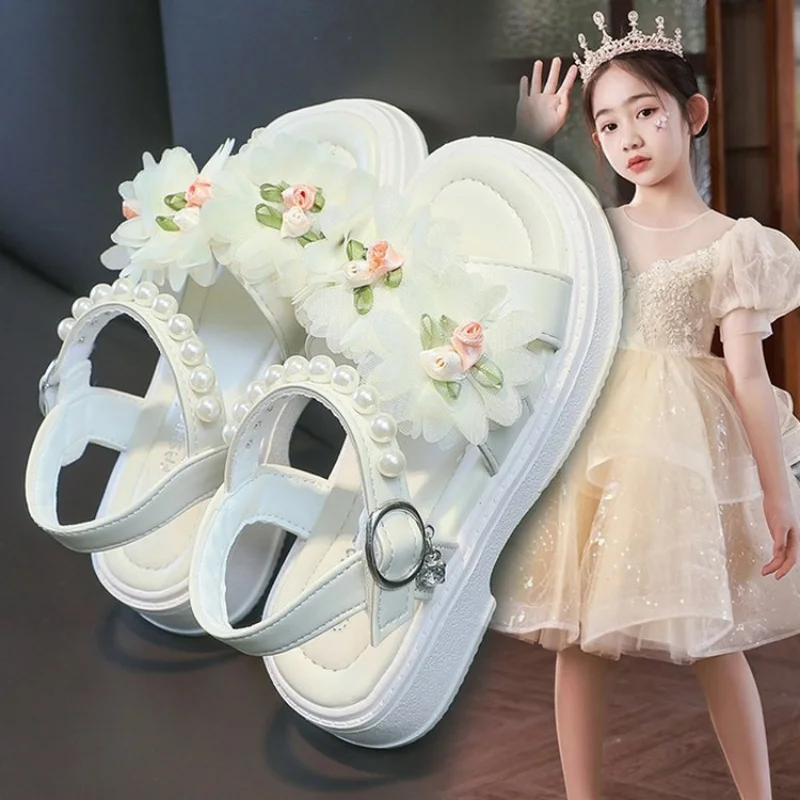 23-36 Children\'s Shoe for Girl Toddler Sandals Girls Sandals Kids Summer Beach Flowers Pearl Flat Fashion Princess Shoe 2023 New