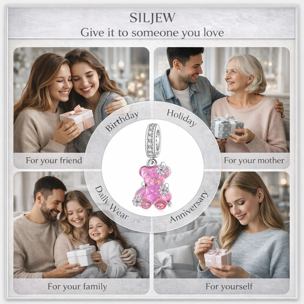 SilJew 925 Sterling Silber Bären-Anhänger mit Rosa und Blauem CZ-Perlen-Resin, Passend für Pandora Armband und Halskette, DIY-Schmuckherstellung, Geschenk für Frauen – Detail 7
