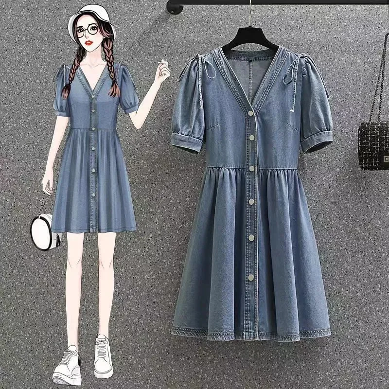 Spring Summer Mid-Long Short Sleeves Denim Dress Women 2024 New V-Neck Loose Dresses Fashion Frenulum  A-Line Skirt Female