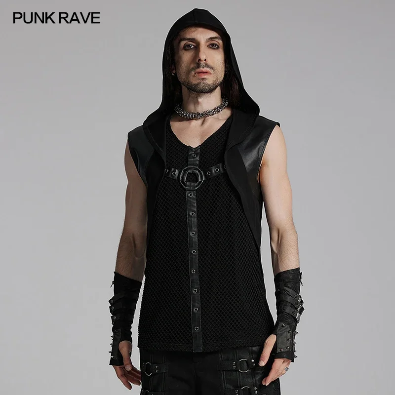 PUNK RAVE Men's Punk Dark Hooded Shoulder Decadent Vest Metal Rings Decoration Cool Handsome Slim Men Clothing Tank Tops