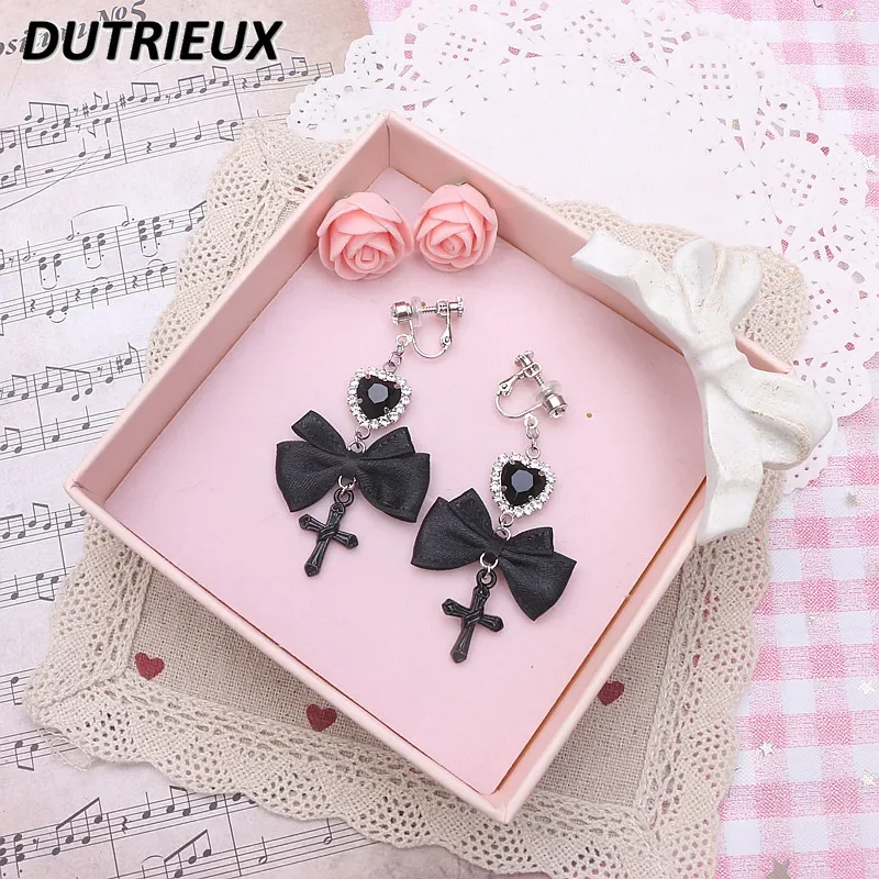 

Sweet Girl Korean Hair Accessorie Lolita Japanese Style Y2k Cool Bow Barrettes Heart Shape Rhinestone Earrings for Women