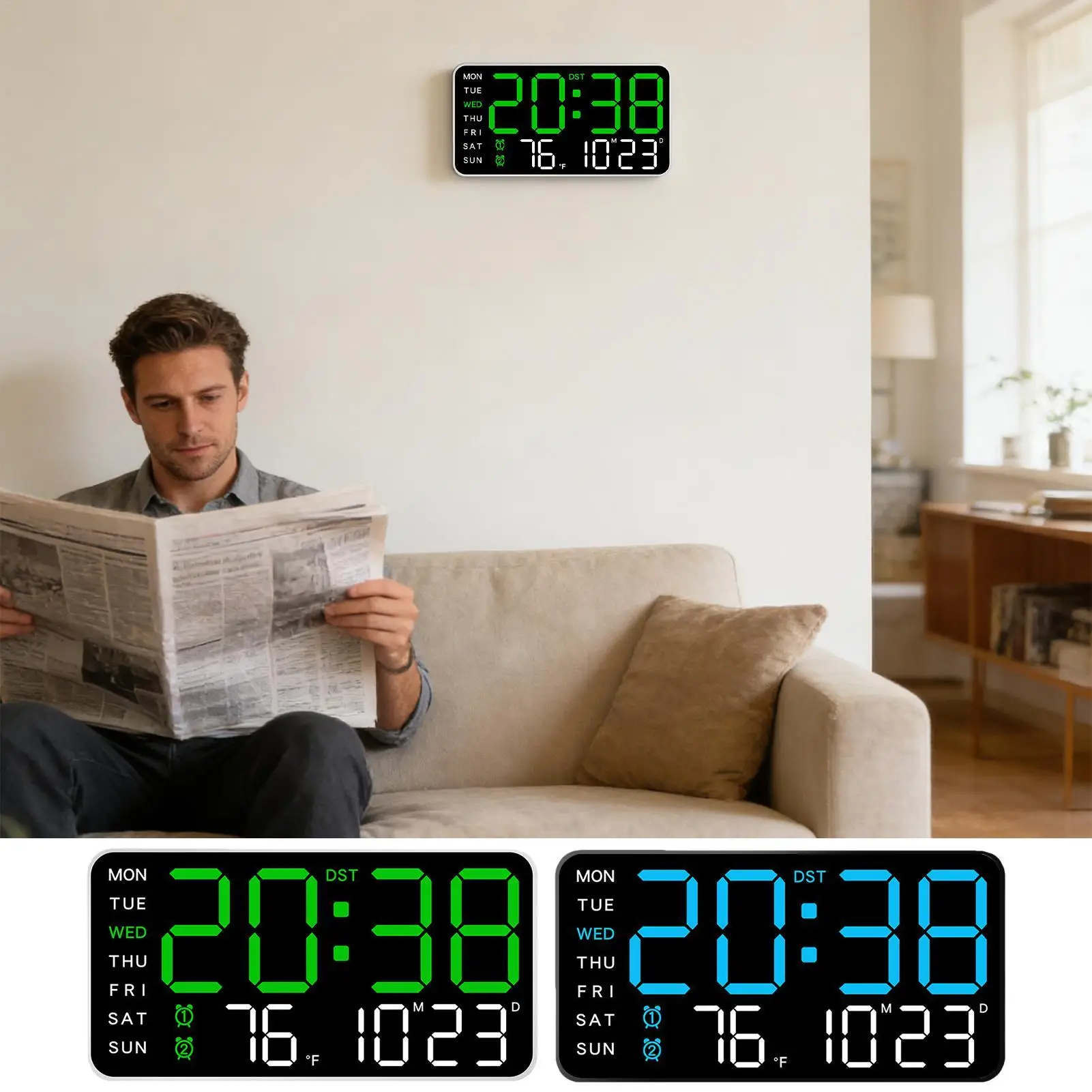 Digital Wall Clock Led Multifunctional Large Temperature Display Decor with Date LED Wall Clock for Bedroom Living Room Office